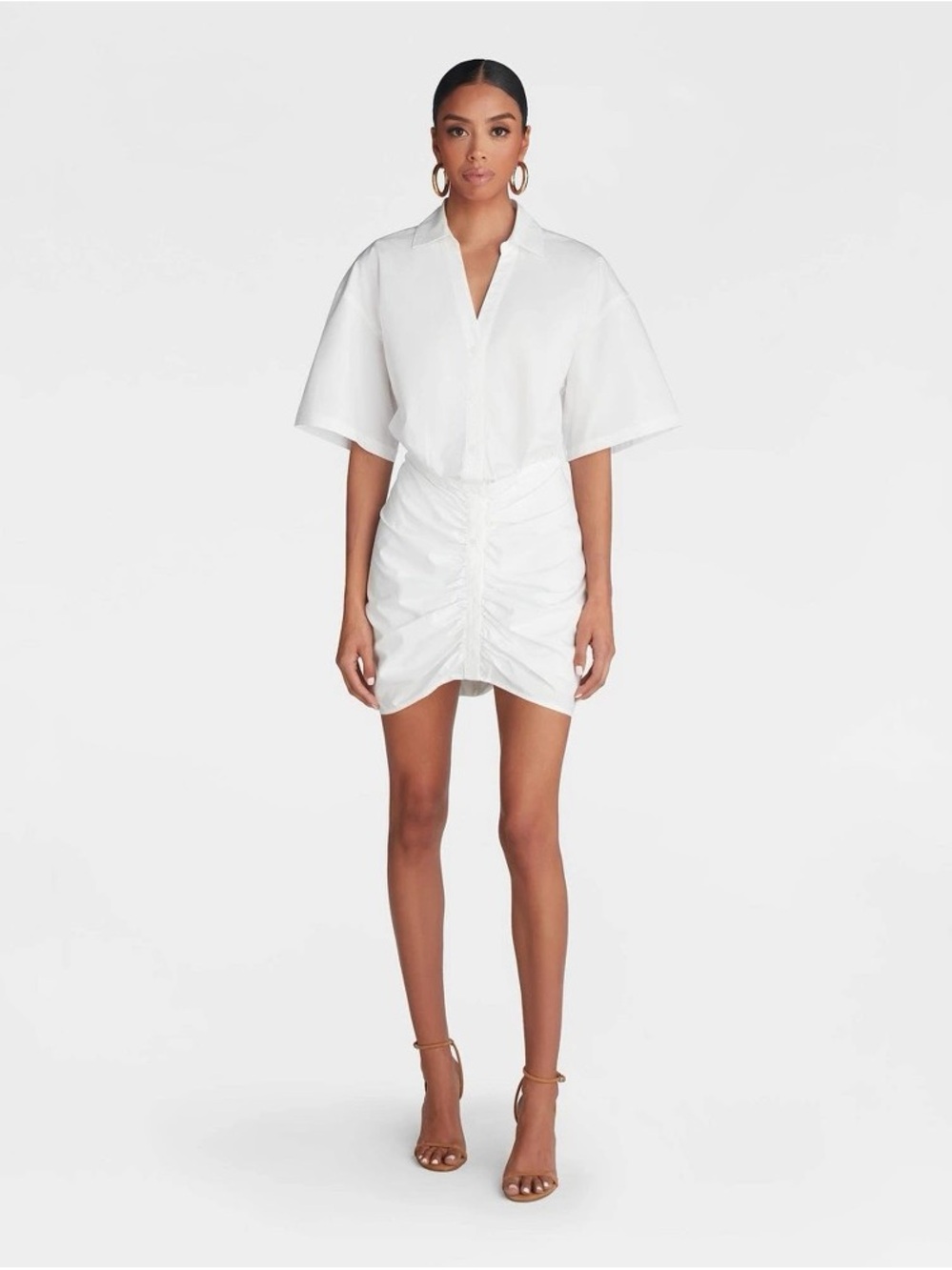 Ruched White Mini Shirt Dress b124pe